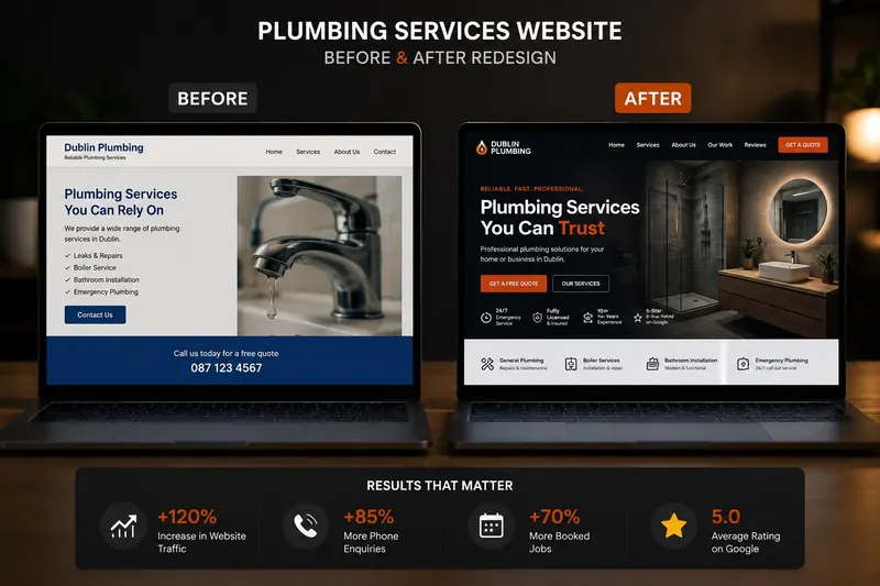 Plumbing services website redesign Dublin — before and after comparison