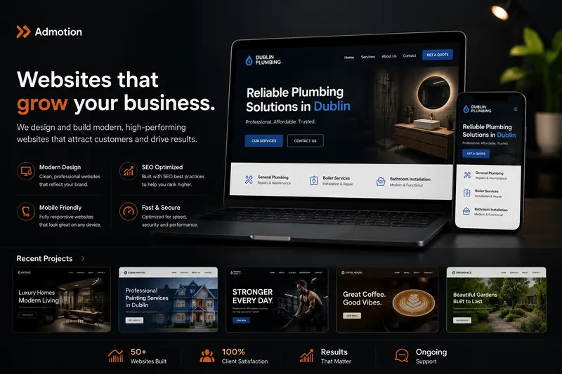 Admotion web design portfolio overview showing multiple recent Dublin business website projects
